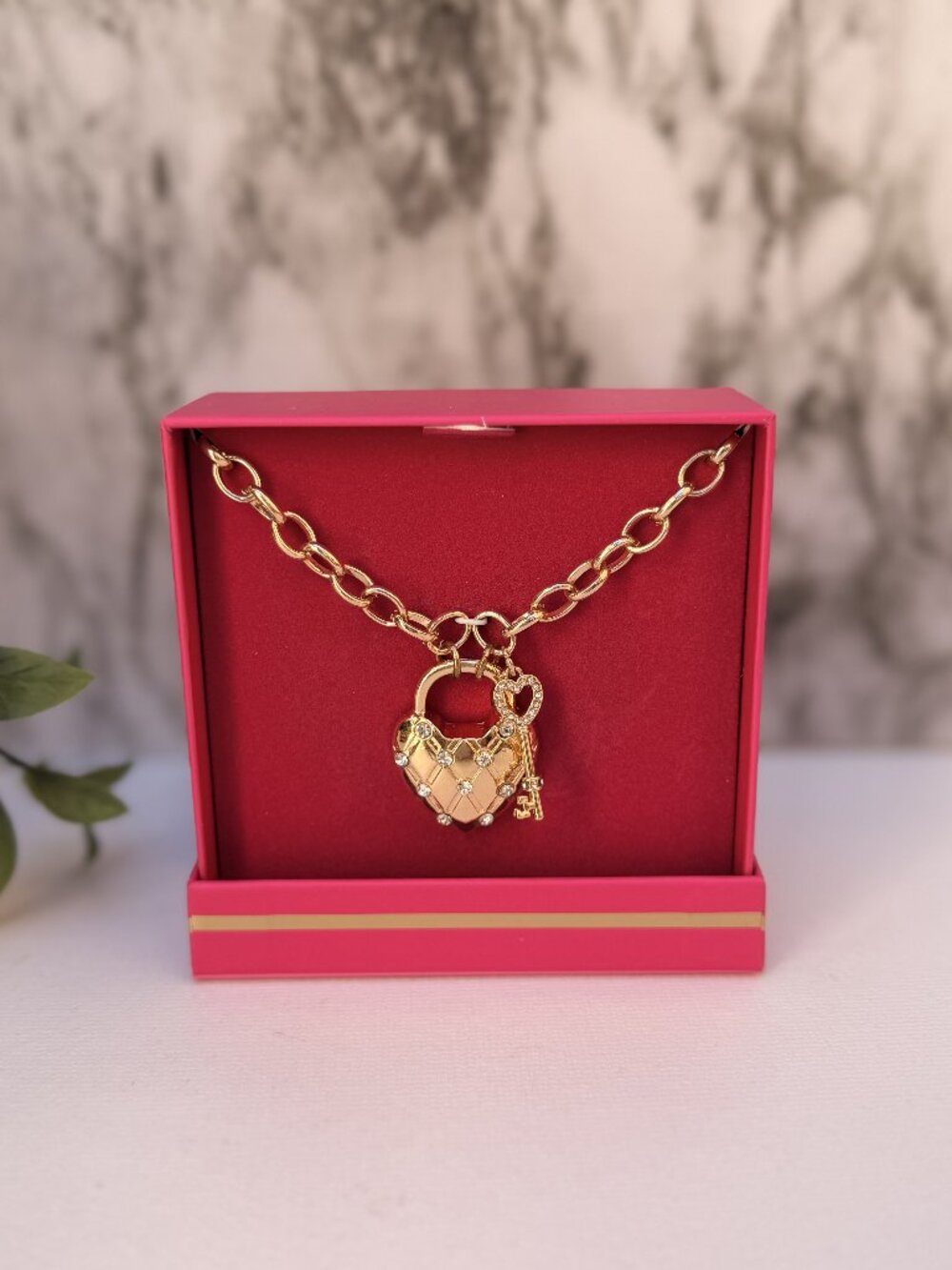 Juicy Couture Heart Lock Necklace Gold Tone Crystal Key Charm Gift Box